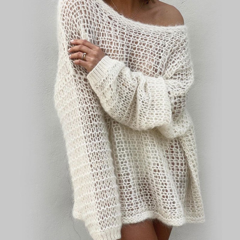 Oversized Boat Neck Drop Shoulder Crochet Open Knit Pullover Sweater Fox Sweaters