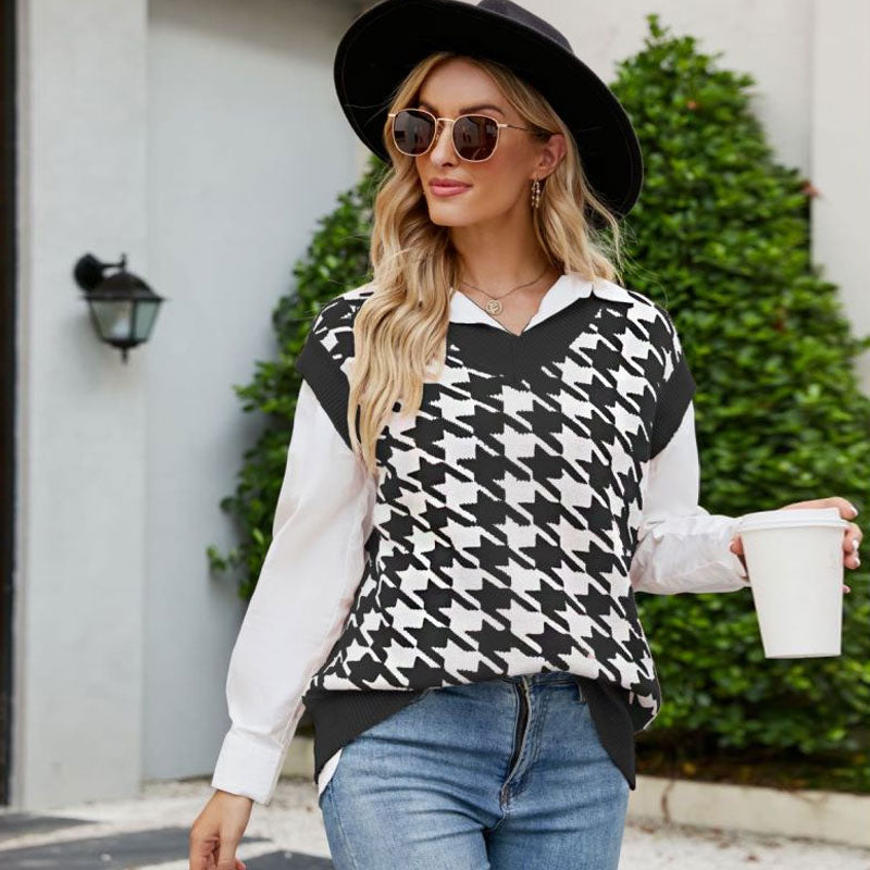 Houndstooth Sweater Vest For Women Oversized Black And White Knitted