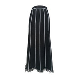 Minimalist High Waist Fringe Trim Black and White Stripe Knit Maxi Skirt