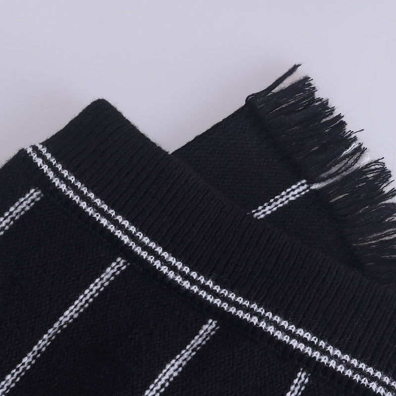 Minimalist High Waist Fringe Trim Black and White Stripe Knit Maxi Skirt