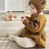 Adorable 3D Floral Embroidery Woolen Blend Knit Round Neck Raglan Sleeve Baby Romper