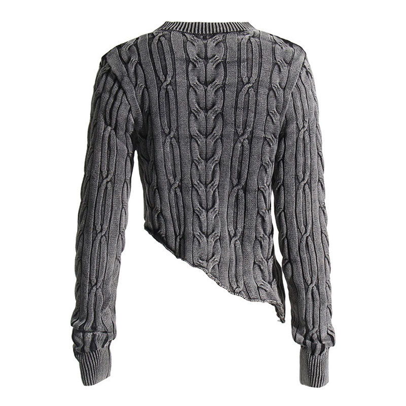 Asymmetrical Crew Neck Long Sleeve Washed Effect Cable Knit Pullover Sweater