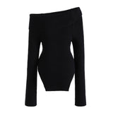 Asymmetrical Foldover One Shoulder Ribbed Knit Side Split Pullover Sweater