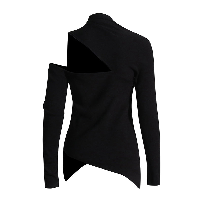 Asymmetrical Neck Cutout Long Sleeve Fishtail Hem Pullover Knit Sweater