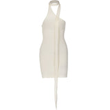 Asymmetrical One Shoulder Halter Scarf Semi Sheer Ribbed Knit Bodycon Mini Dress