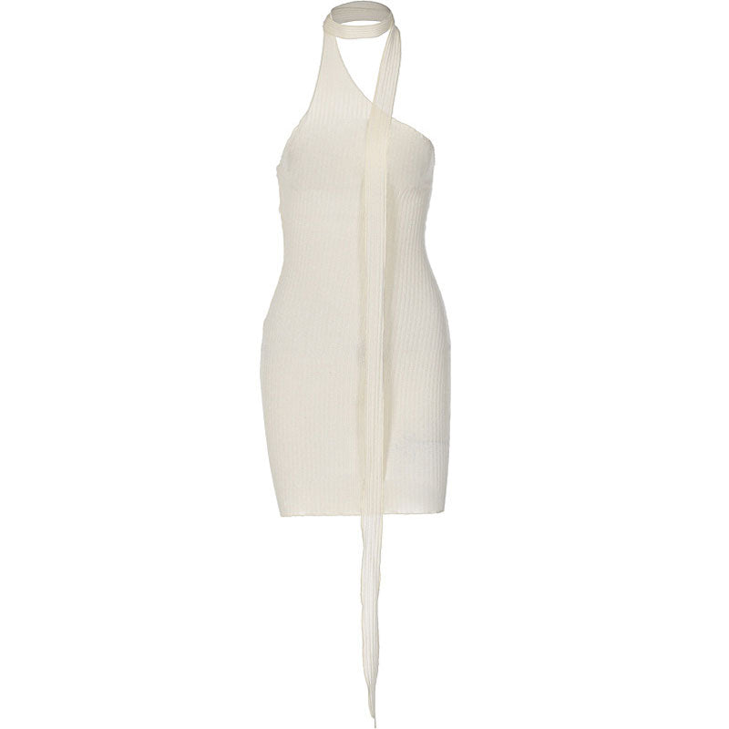 Asymmetrical One Shoulder Halter Scarf Semi Sheer Ribbed Knit Bodycon Mini Dress