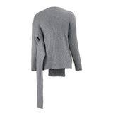 Asymmetrical V Neck Long Sleeve Ribbed Knit Oversized Wrap Tie Sweater