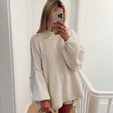 Athflow Style Rib Knit High Neck Exposed Seam Bishop Sleeve Oversized Sweater