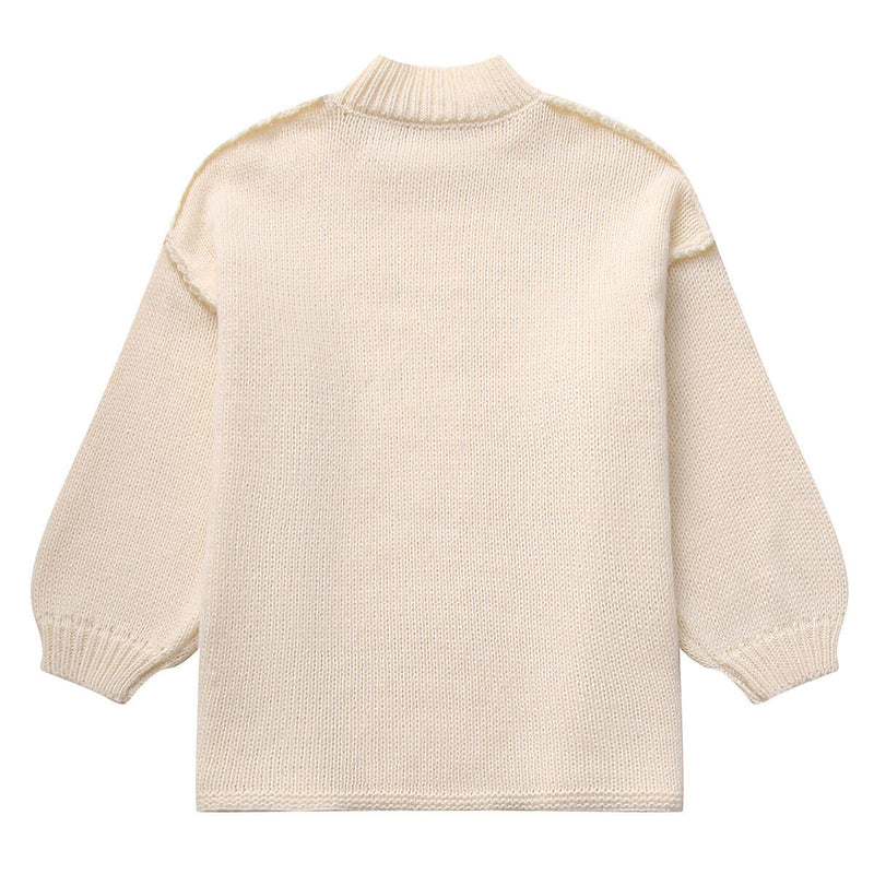 Athflow Style Rib Knit High Neck Exposed Seam Bishop Sleeve Oversized Sweater