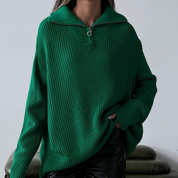 Athleisure Brioche Ribbed Knit Front Zip Spread Collar Drop Shoulder Oversized Sweater