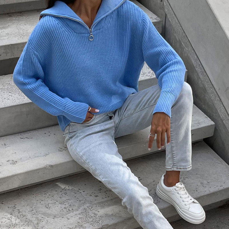 Athleisure Brioche Ribbed Knit Front Zip Spread Collar Drop Shoulder Oversized Sweater