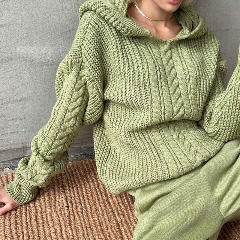Athleisure Fisherman Cable Knit Drop Shoulder Long Sleeve Hooded Oversized Sweater