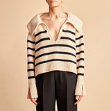 Athletic Breton Stripe Spread Collar V Neck Split Sleeve Oversized Wool Sweater