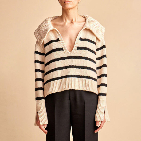 Athletic Breton Stripe Spread Collar V Neck Split Sleeve Oversized Wool Sweater