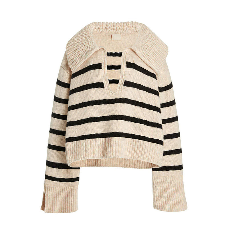 Athletic Breton Stripe Spread Collar V Neck Split Sleeve Oversized Wool Sweater