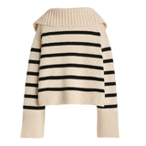 Athletic Breton Stripe Spread Collar V Neck Split Sleeve Oversized Wool Sweater