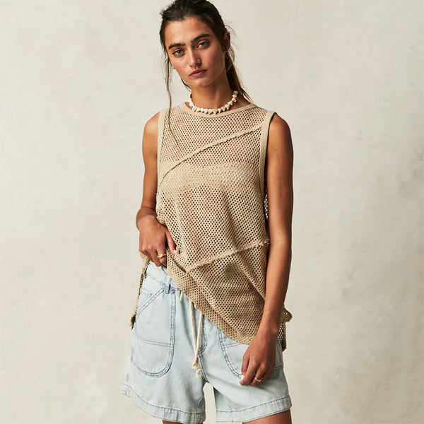 Athletic Crew Neck Solid Color Semi Sheer Open Knit Oversized Tank Top