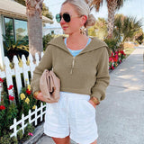 Athletic Spread Collar Half Zip Bishop Sleeve Oversized Pullover Sweater