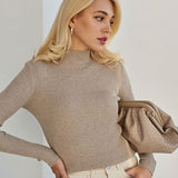 Basic High Neck Long Sleeve Stretch Fitted Ribbed Knit Winter Pullover Sweater