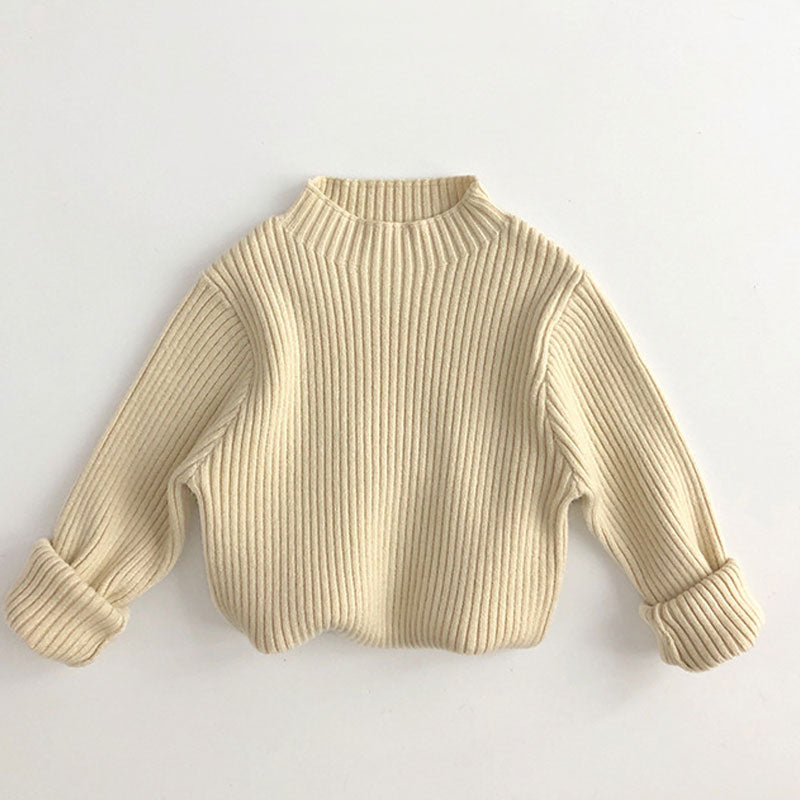 Basic Solid Color Mock Neck Long Sleeve Chunky Ribbed Knit Kids Pullover Sweater
