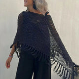 Bohemian Solid Fringe Trim Boat Neck Sheer Open Crochet Knit Poncho Sweater