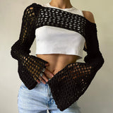 Boho Boat Neck Bell Sleeve Cutout Crochet Knit Super Crop Shrug Sweater