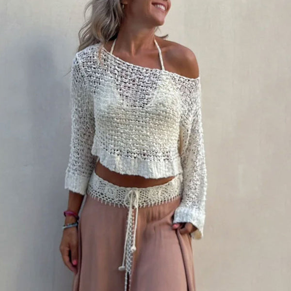 Boho Chic Boat Neck 3/4 Wide Sleeve Cropped Crochet Knit Sweater