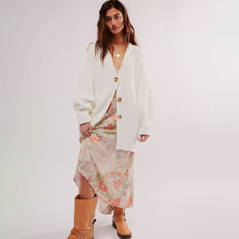 Boho Chic Spread Collar Button Up Long Sleeve Oversized Knit Cardigan