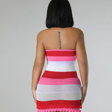 Boho Color Block Stripe Open Knit Ruffle Tiered Crochet Mini Tube Dress