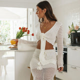 Boho Crochet Knit Knotted Bolero Top and High Waist Maxi Skirt Matching Set