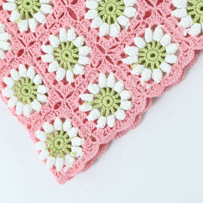 Boho Sheer Crochet Hand Knit Granny Square Drawstring High Waist Mini Skirt
