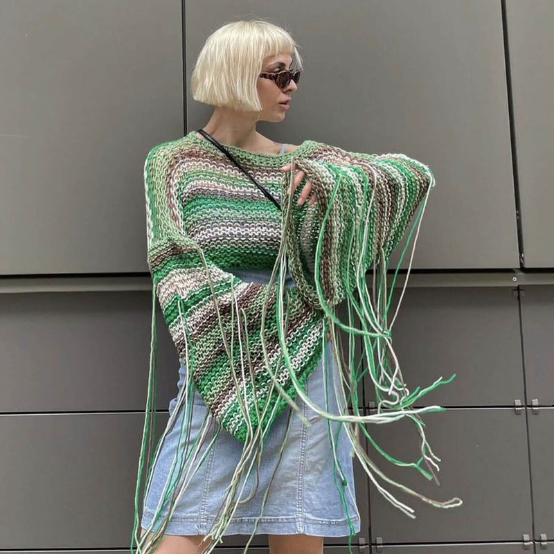 Boho Style Fringe Detail Bell Sleeve Rainbow Stripe Crochet Knit Crop Sweater