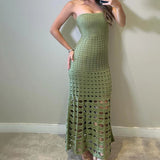 Boho Style Ribbed Strapless Openwork Fishtail Crochet Knit Maxi Dress