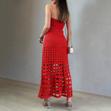 Boho Style Ribbed Strapless Openwork Fishtail Crochet Knit Maxi Dress