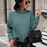 Boho Western Style V Shaped Fringe Turtleneck Long Sleeve Pullover Sweater