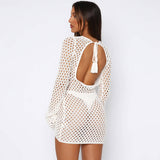 Breezy Crew Neck Cutout Back Bell Sleeve Openwork Crochet Knit Mini Dress