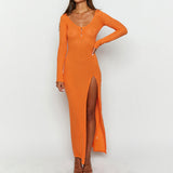 Breezy Scoop Neck Long Sleeve Tie Back Split Shell Crochet Knit Maxi Dress