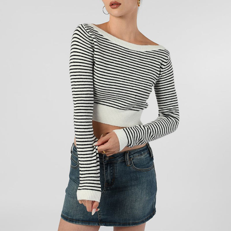 Breton Stripe Boat Neck Long Sleeve Ribbed Knit Crop Pullover Sweater