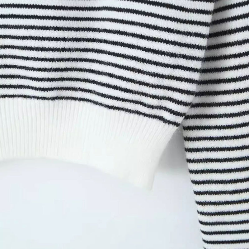 Breton Stripe Boat Neck Long Sleeve Ribbed Knit Crop Pullover Sweater