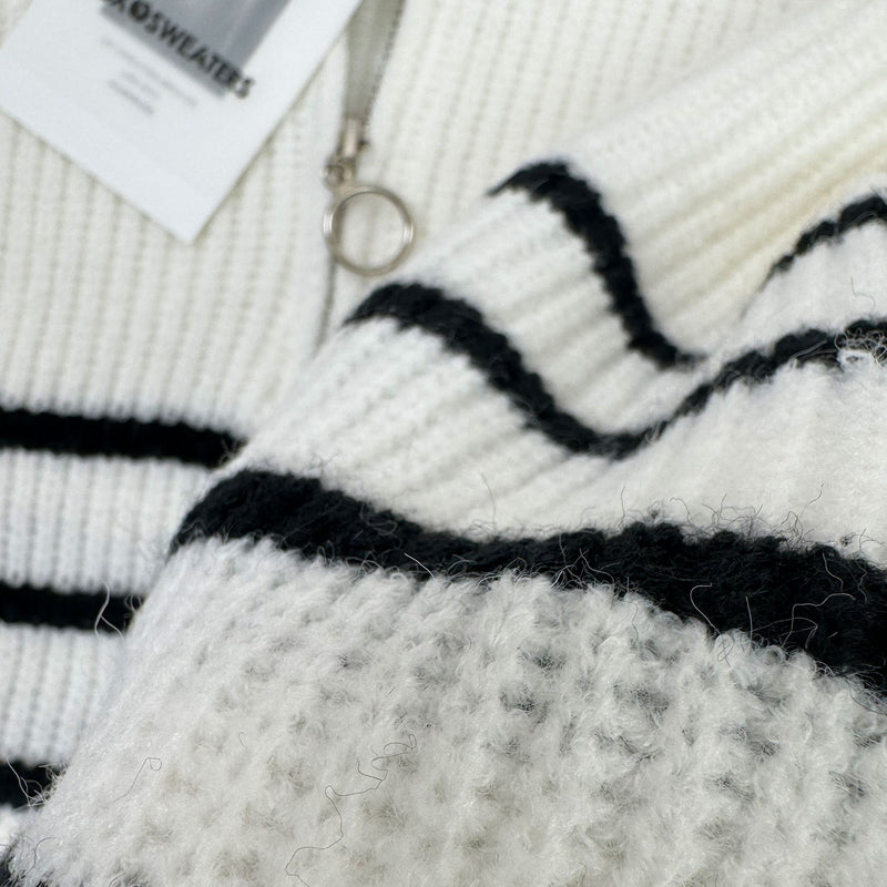 Breton Striped Ivory Crew Neck Long Sleeve Half Zip Rib Knit Sweater