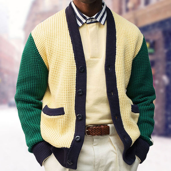 Bright Color Panel V Neck Button Up Long Sleeve Men Waffle Knit Cardigan