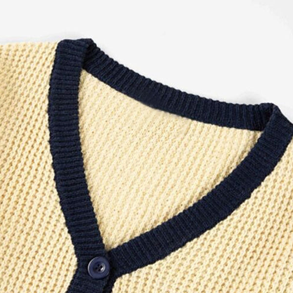 Bright Color Panel V Neck Button Up Long Sleeve Men Waffle Knit Cardigan