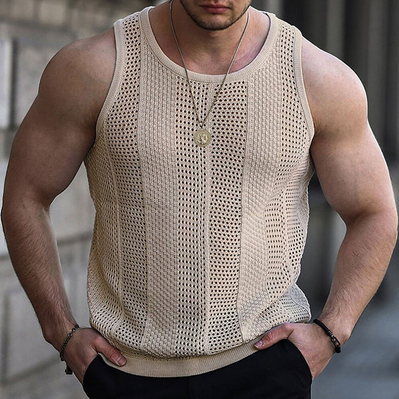 Casual Breathable Sheer Pointelle Knit Crew Neck Men Summer Sweater Vest