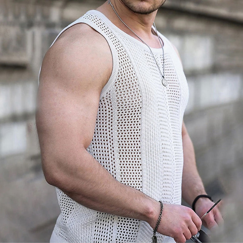 Casual Breathable Sheer Pointelle Knit Crew Neck Men Summer Sweater Vest