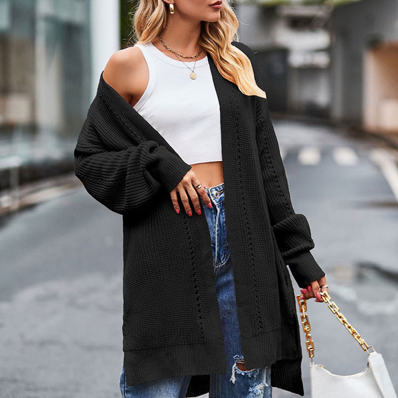 Casual Collarless Pointelle Knit Long Sleeve Side Split High Low Cardigan