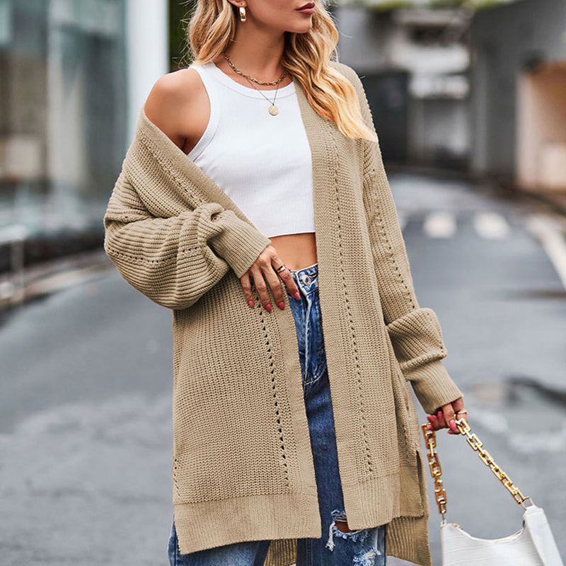 Casual Collarless Pointelle Knit Long Sleeve Side Split High Low Cardigan