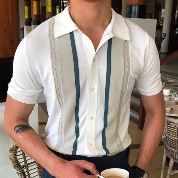 Casual Comfy Color Block Striped Collared Short Sleeve Button Front Men Knit Shirt