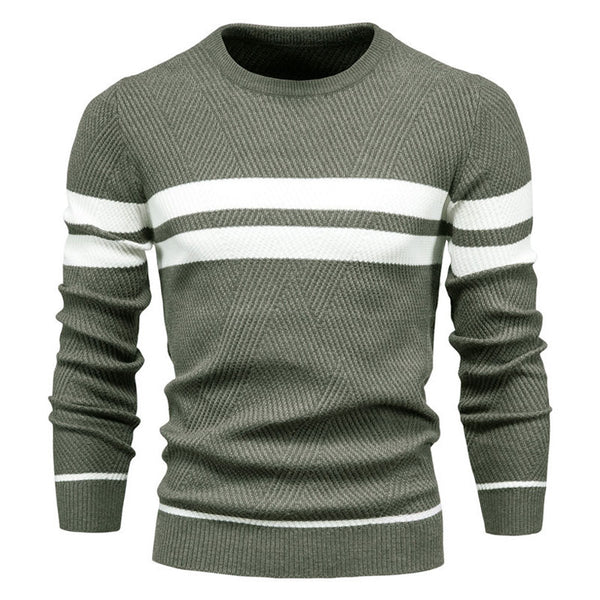 Casual Crew Neck Long Sleeve Winter Rib Knit Contrast Striped Men Pullover Sweater