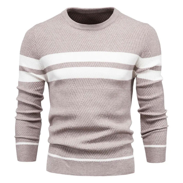 Casual Crew Neck Long Sleeve Winter Rib Knit Contrast Striped Men Pullover Sweater