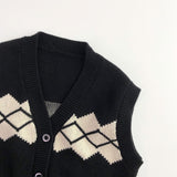 Casual Geometric Jacquard Knit V Neck Sleeveless Button Front Boys Cardigan